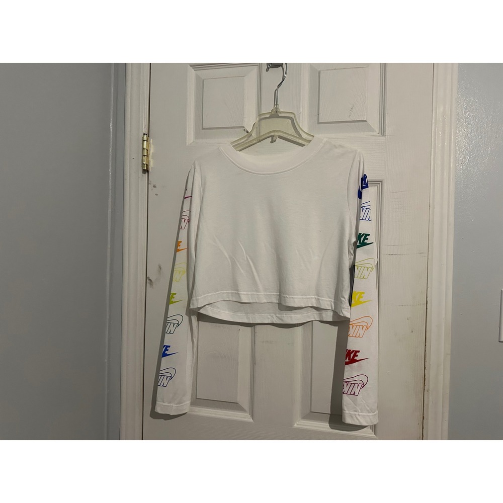 Nike Sportswear Women White Rainbow Multi Logo Cropped Long Sleeve Tee Medium